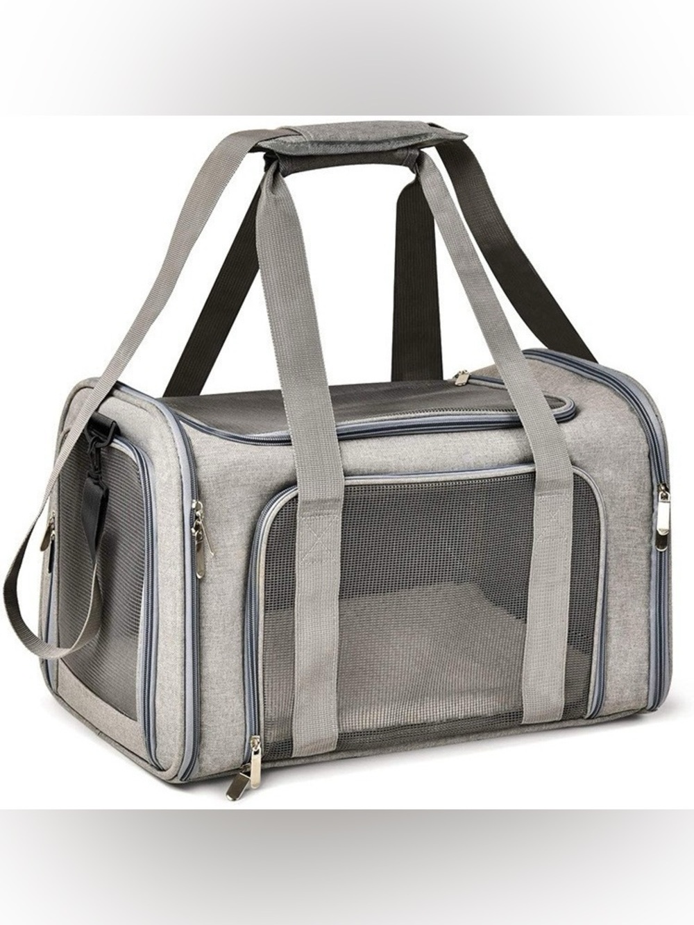 Grey Soft-Sided Pet Duffel Carrier with Mesh Panels